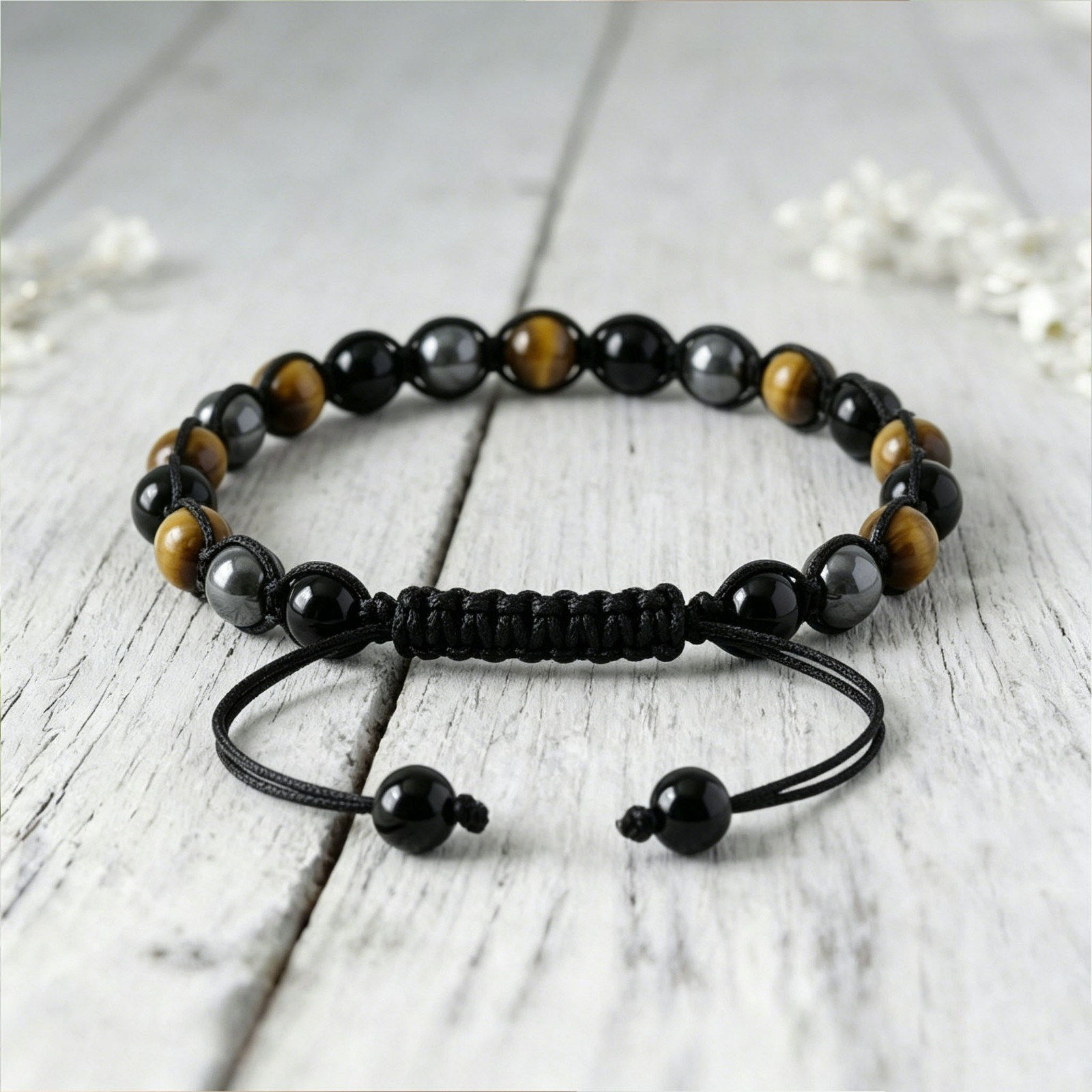 Natural Tiger Eye Obsidian & Hematite Beaded Men’s Triple Protection Bracelet