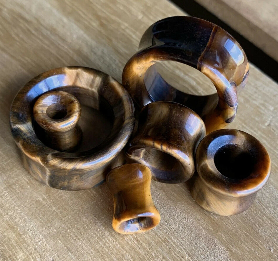 PAIR Tiger Eye Organic Stone Tunnels Double Flare Plugs Earlets Gauges