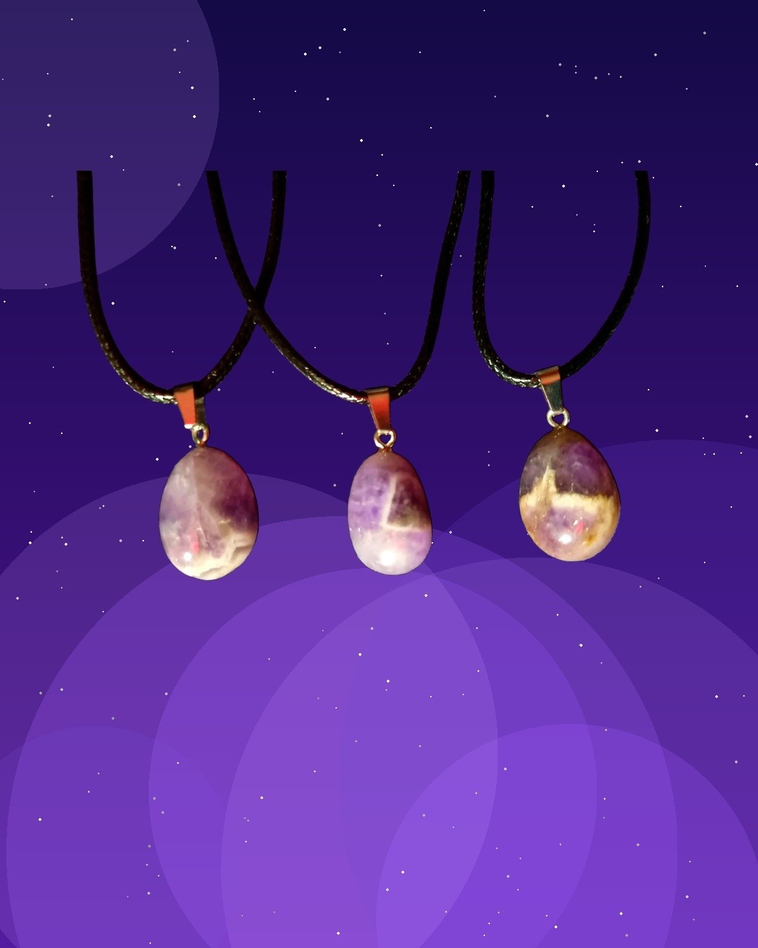 Cosmic Numina Amethyst Oval Stone Charm Pendant Necklace on Black Cord 2cm