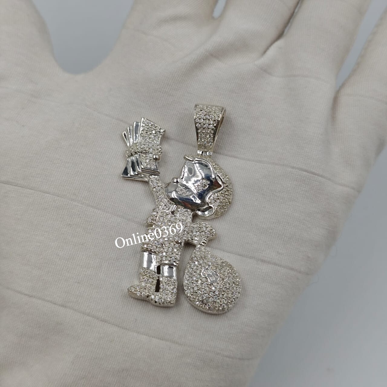 Bust Down I2 Real Diamond Riche Rich Money Bag Charm Pendant Men’s 925 Silver