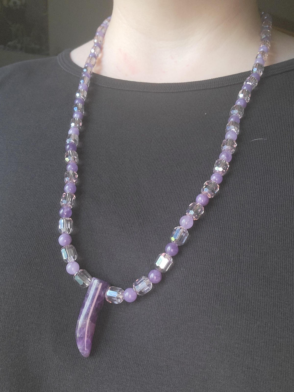 Amethyst Pendant & Lavender Beaded Genuine Crystal Necklace – Artisan Handmade