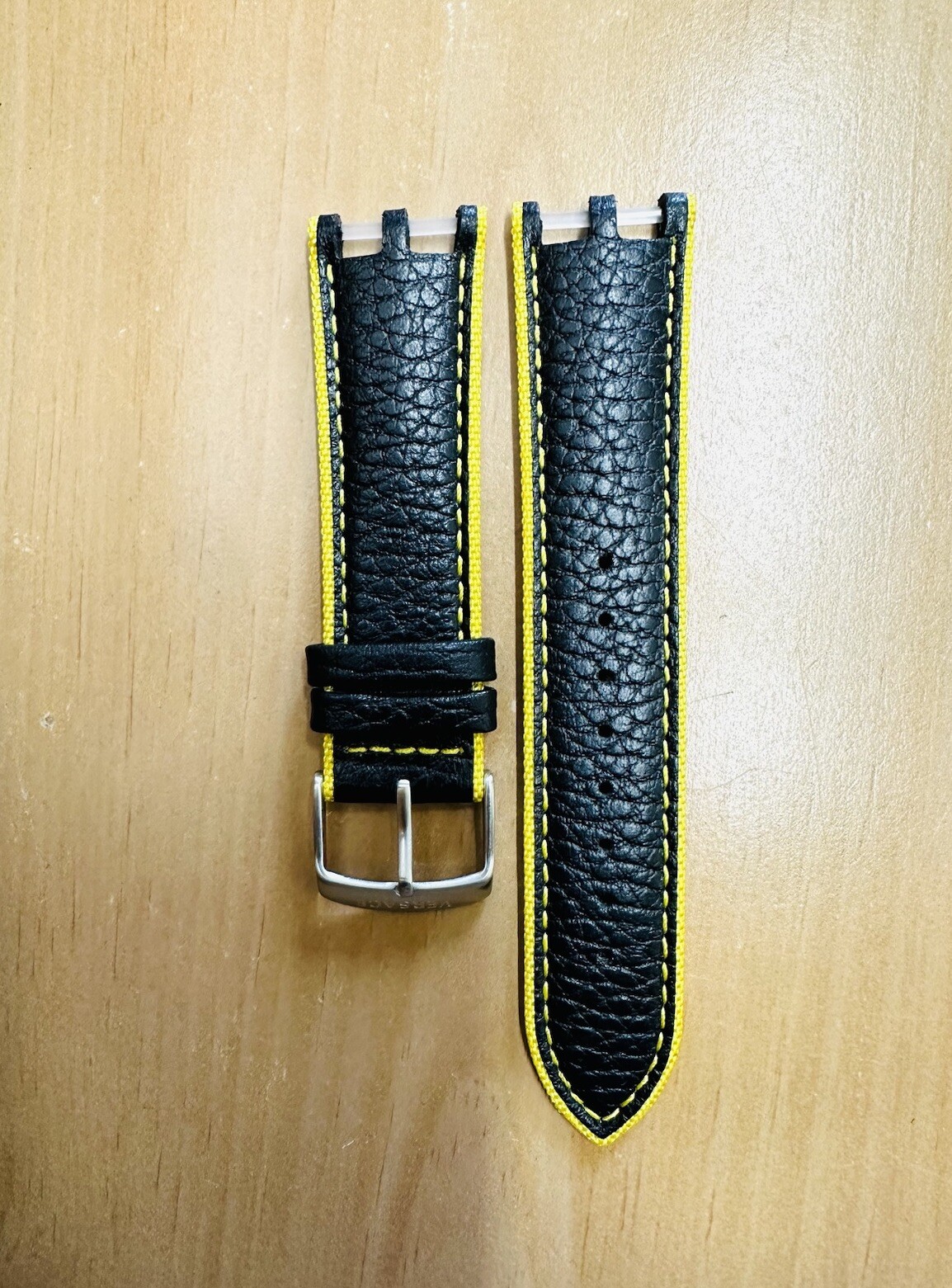 VERSACE WATCH STRAP , VAH , BLACK + YELLOW STITCHING YELLOW , TONGUE BUCKLE