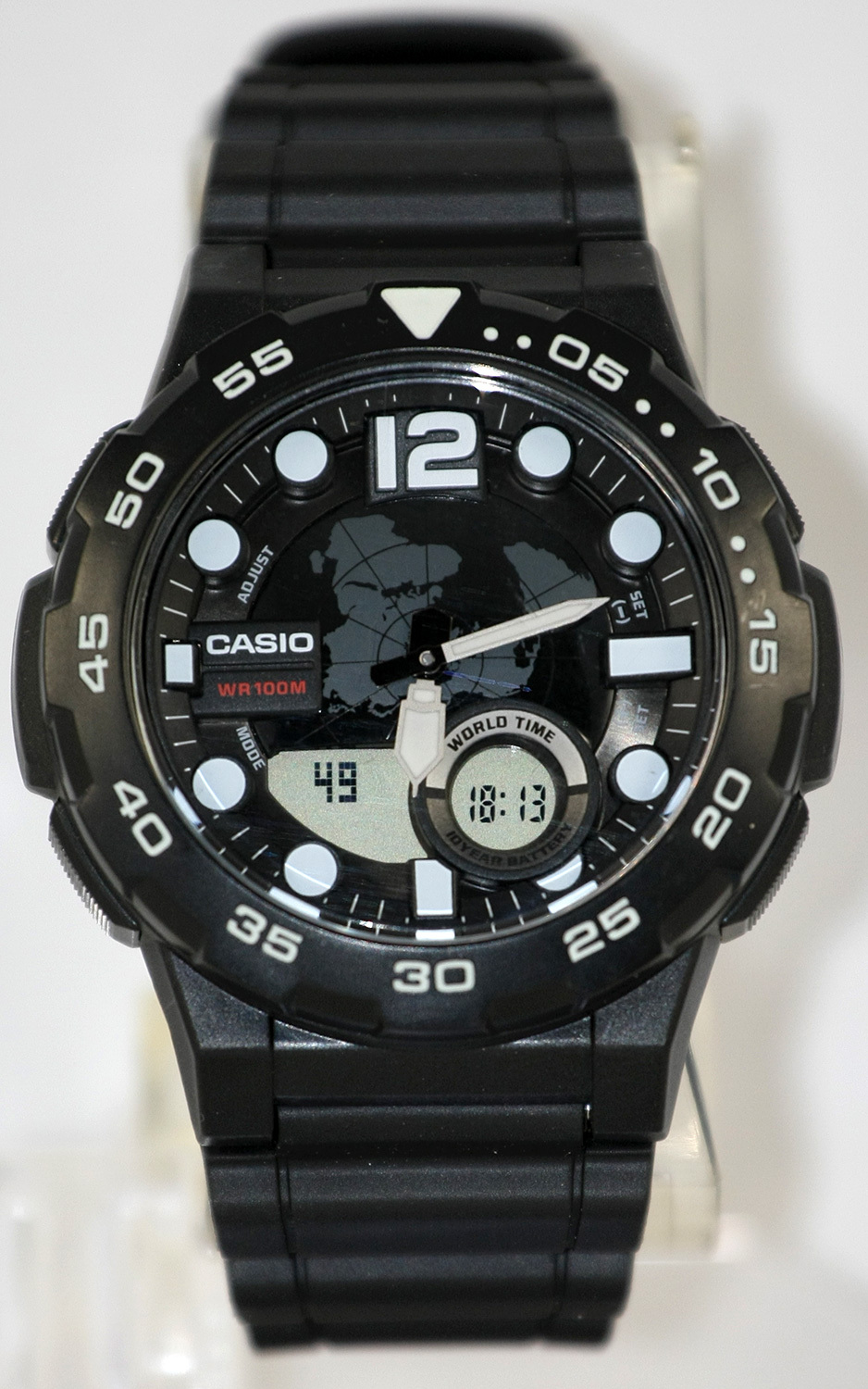 Casio AEQ-100W-1AV Mens Black 100M World Time Digital/ Analog Sports Watch New