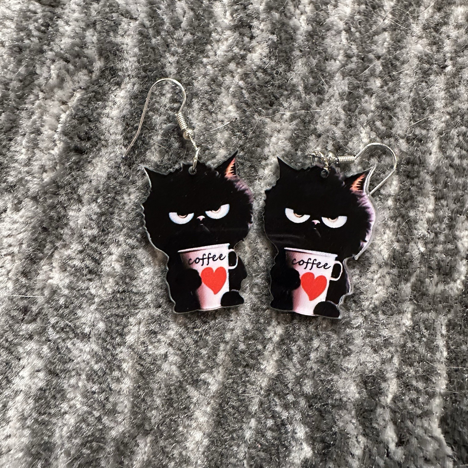 Black Cat Earrings Dangle Angry Kitten Coffee Cup Acrylic Mad Kitty Cat Lady New