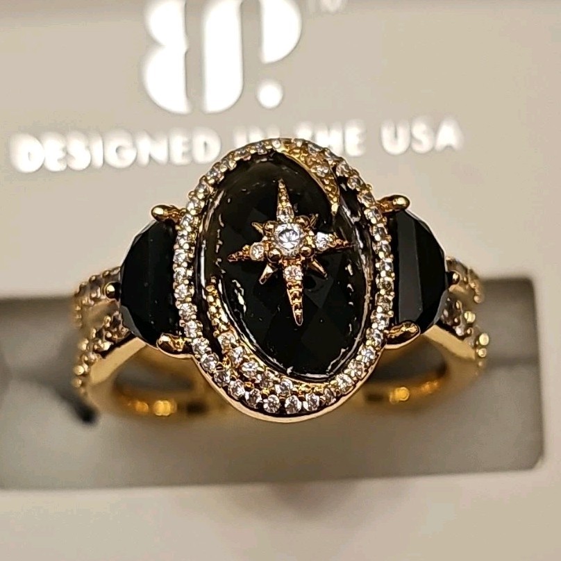 Obsidia Gold Plated Black Obsidian Oval Starburst Cocktail Ring Size 9 RG24124