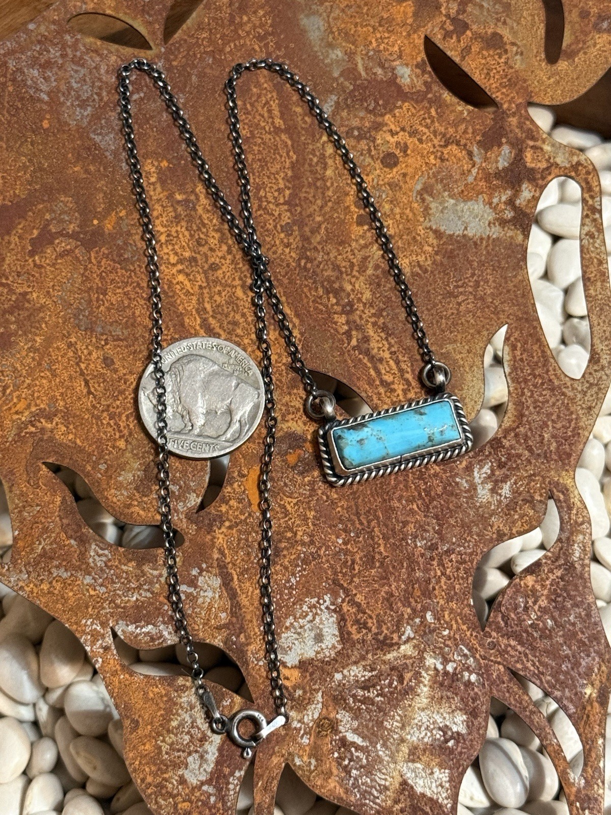 Native American Handmade Turquoise Bar Necklace Sterling Silver Johnny Dixon