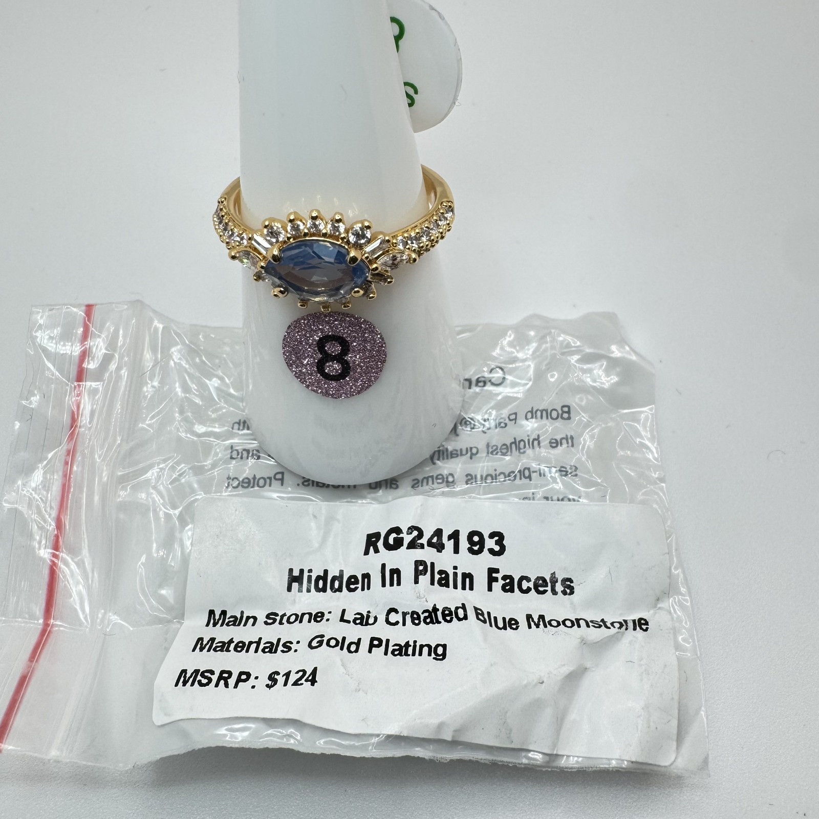Sz 8 Bomb Party Ring RG24193 Hidden In Plain Facets – Lab Created Blue Moonstone