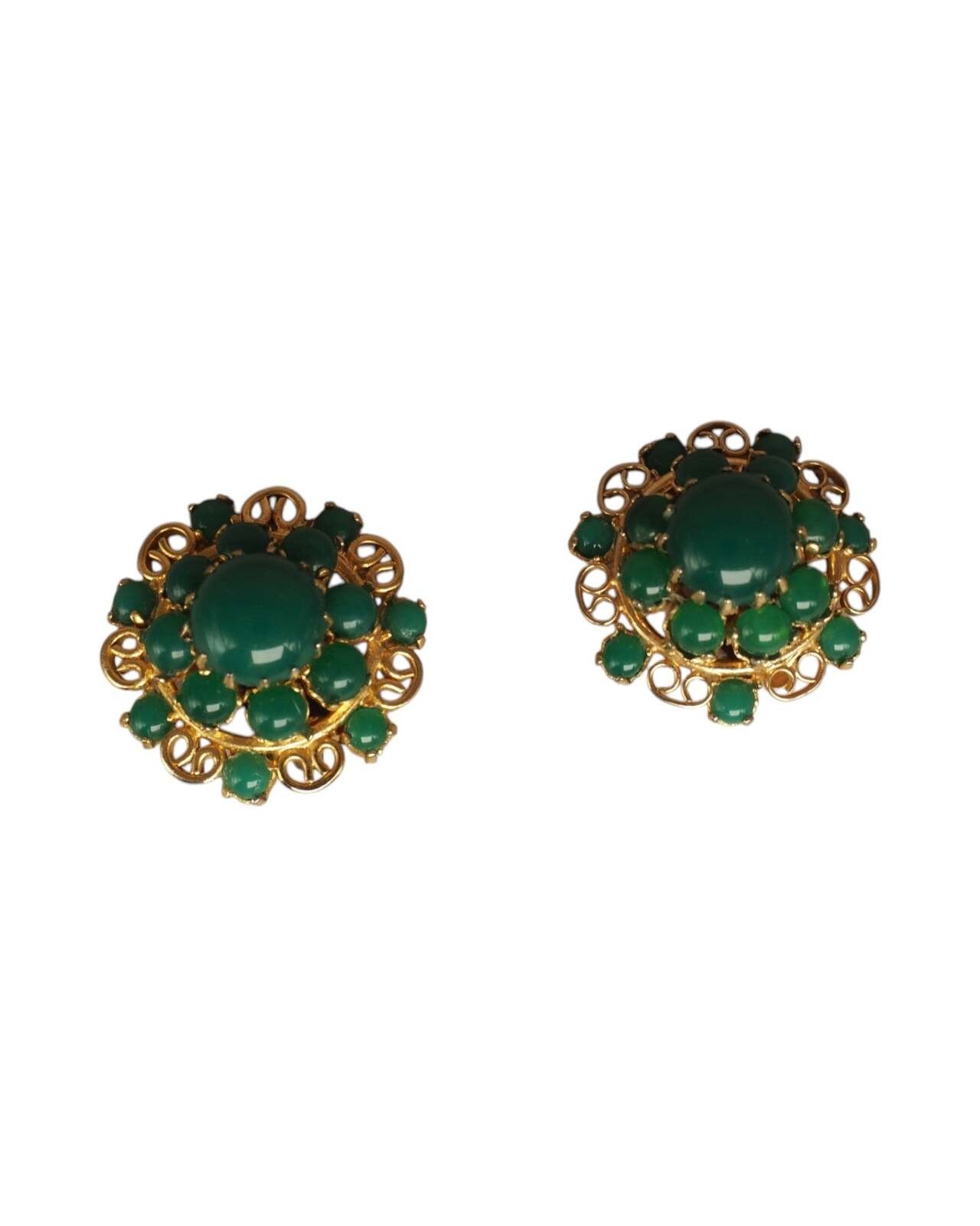 Mid-Century Gold-Tone Filigree Green Cabochon Clip-On Earrings