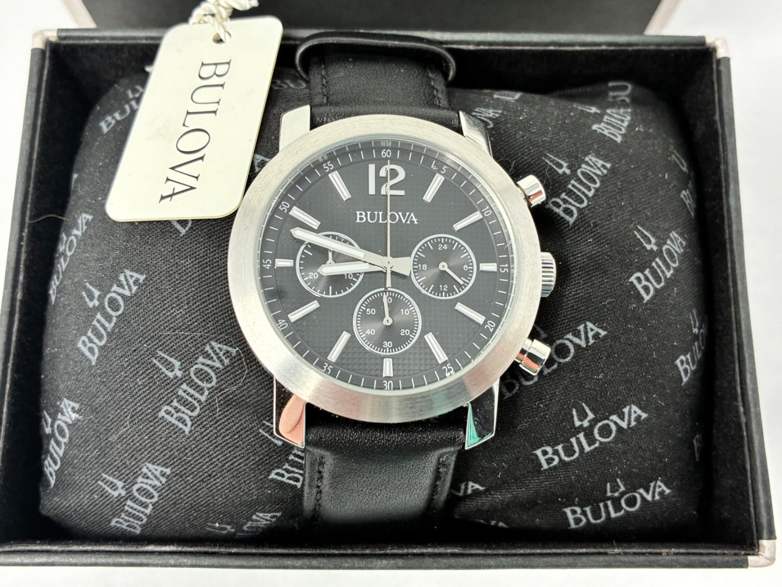 Bulova Men’s Sport Chronograph Watch Black Dial Leather Strap 96A159