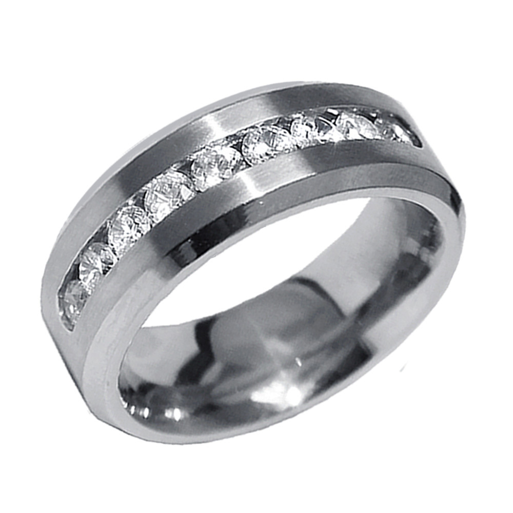 Mens 8mm Width Round Cut CZ Stones Stainless Steel Wedding Ring Band Size 9-13