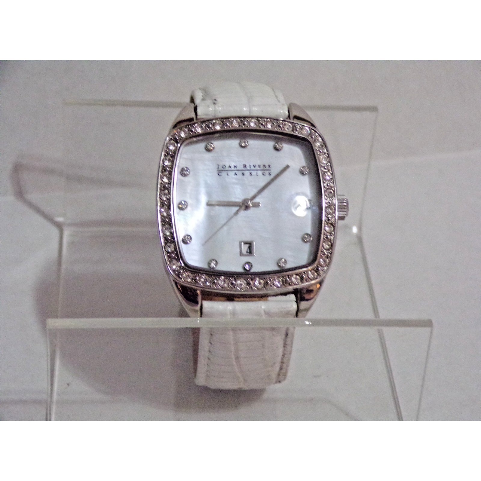 Joan Rivers Classics V377 White Band Silver Tone Gem Stones Sq Date Womens Watch