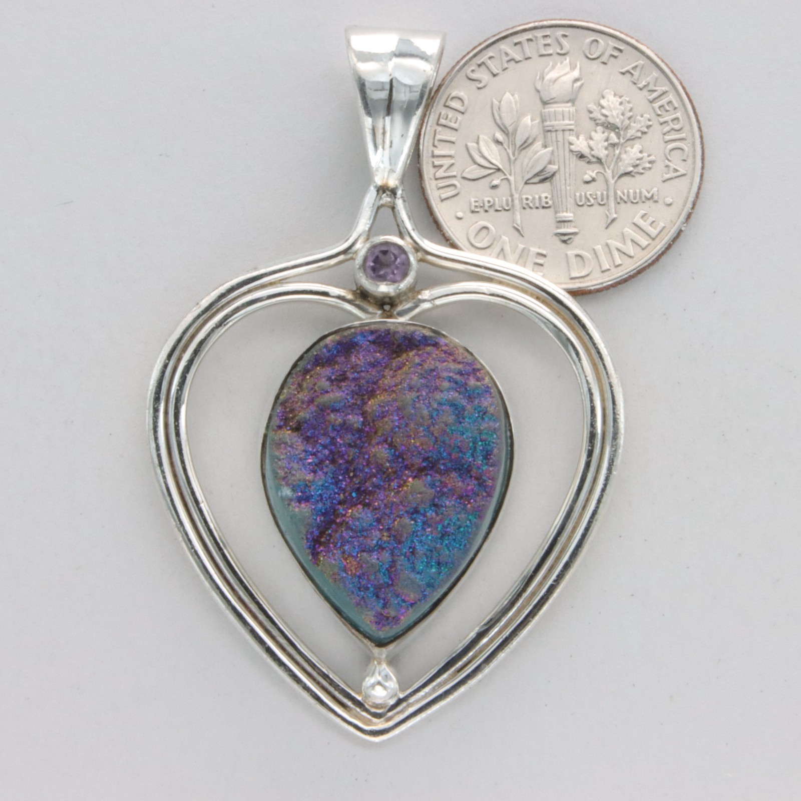 Drop DRUZY DRUSY Druse QUARTZ Heart Pendant 925 STERLING SILVER Necklace #29e