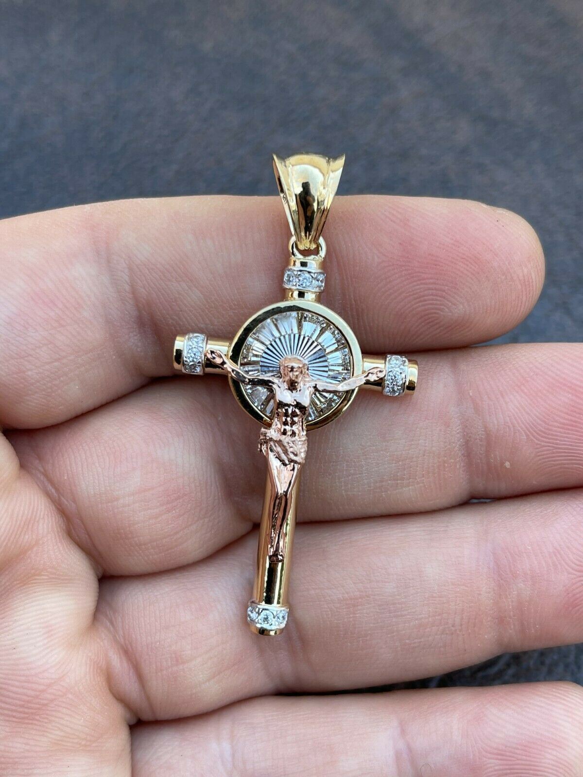 Solid 925 Silver Cross W. Jesus Pendant Yellow & Rose Gold Plated Necklace CZ