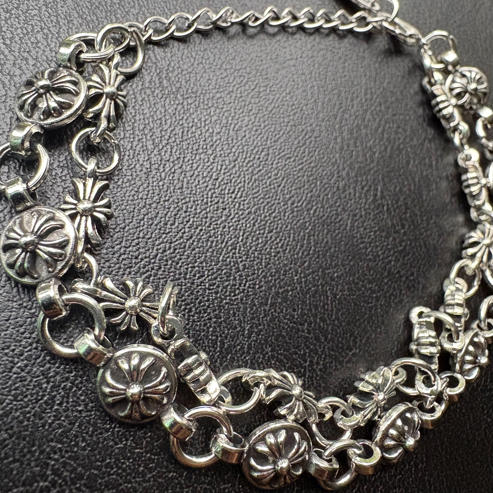 8.5″ Double Strand Layered Y2K Gothic Silver Cross Link Bracelet Punk Grunge Alt