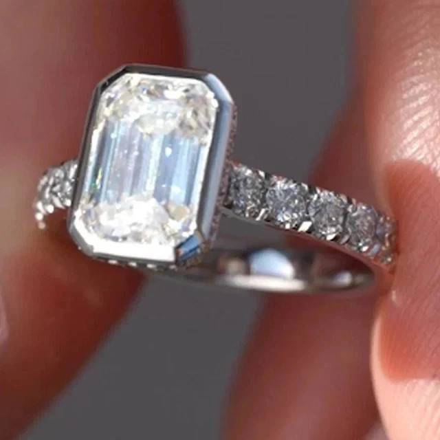 3.50Ct Emerald Cut Moissanite Hidden Halo Engagement Ring 925 Silver 14K Vermeil
