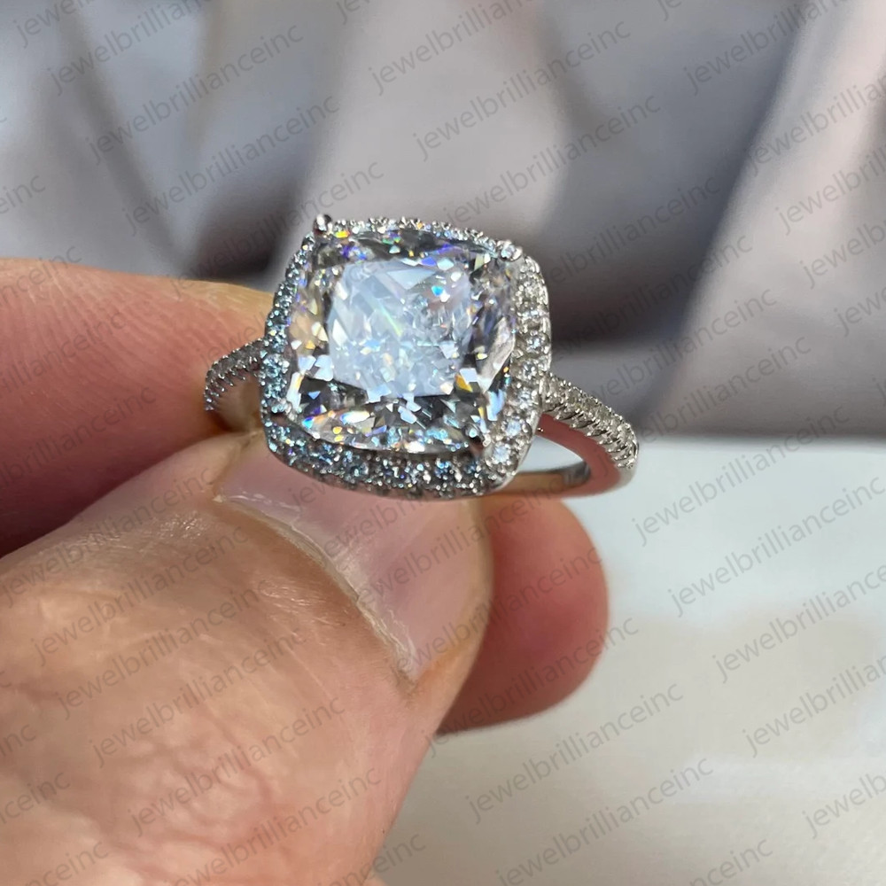 4.48Ct Cushion Cut Moissanite Halo Engagement Ring Solid 14K White Gold Plated