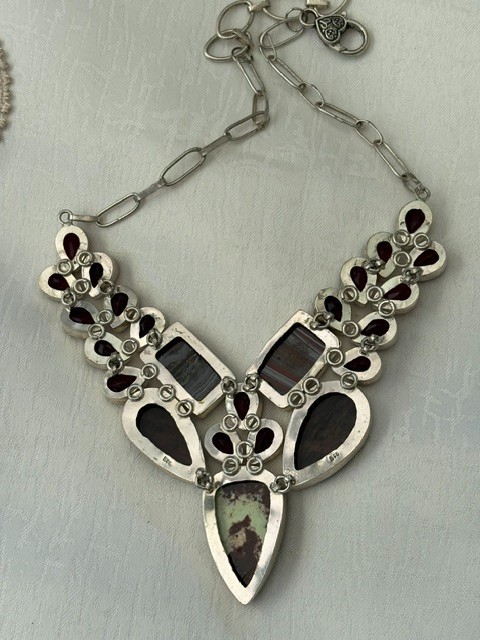 Artisan Silver Plated Multi‑Stone Teardrop Statement Necklace 13.5–17″