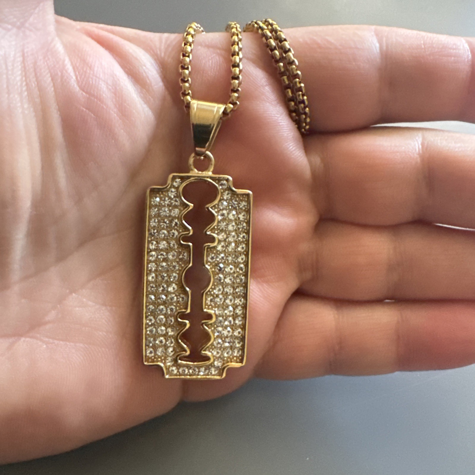 Blade Pendant Gold Plated Cubic Zirconia Stainless Steel 24 Inch Chain Razor
