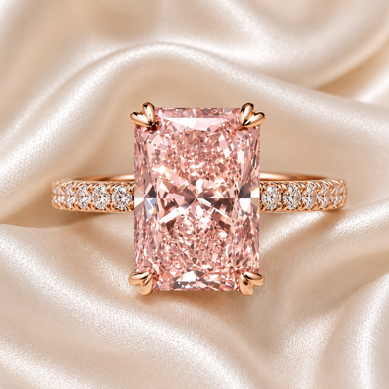 Diamond Ring 14k Rose Gold 5.35 Ct Radiant Cut Fancy Vivid Pink IGI Lab Grown