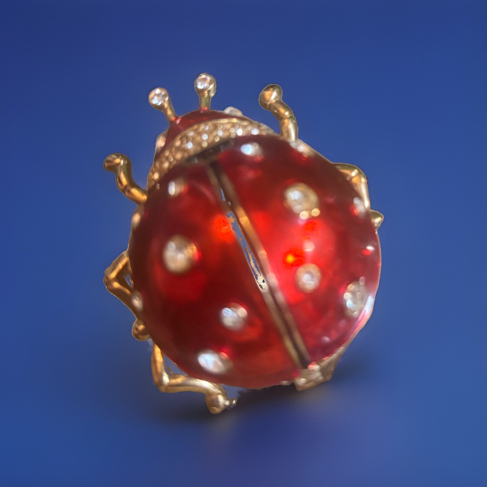 Roman Inc. Signed Red Enamel Ladybug Brooch Pin Gold Tone Clear Crystals