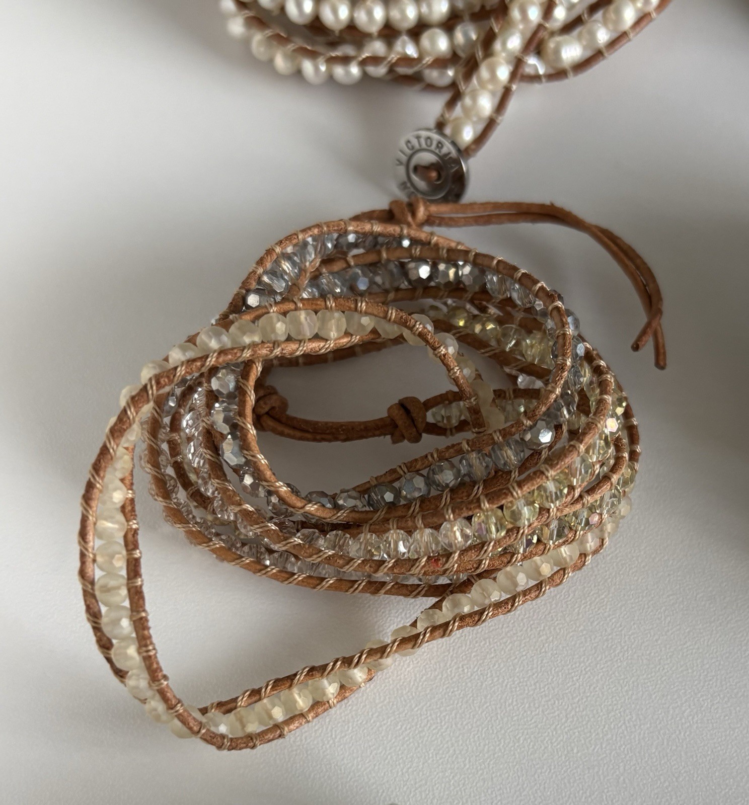 VICTORIA EMERSON WRAP BRACELET Lot Pearl Stones Crystal Shell Mixed Materials