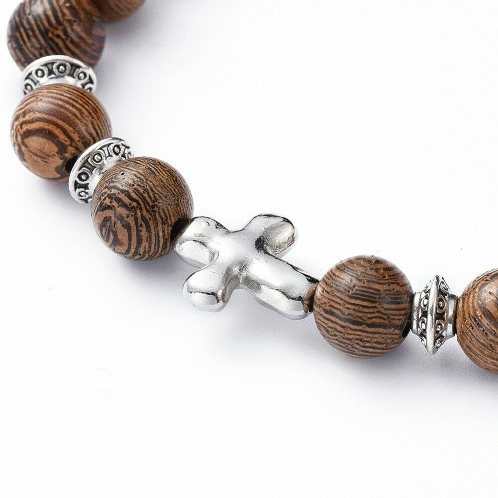 Stretch Bracelets, with Natural Wood Beads and Tibetan Style Alloy – 1 5 10