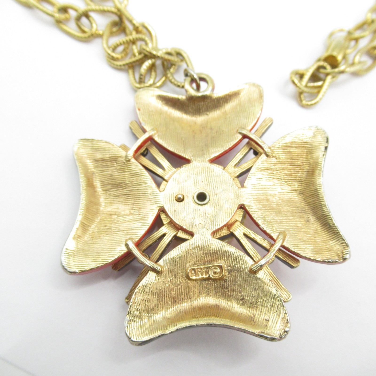 Signed ART Arthur Pepper Necklace Red Black Yellow Enamel Maltese Cross Vintage