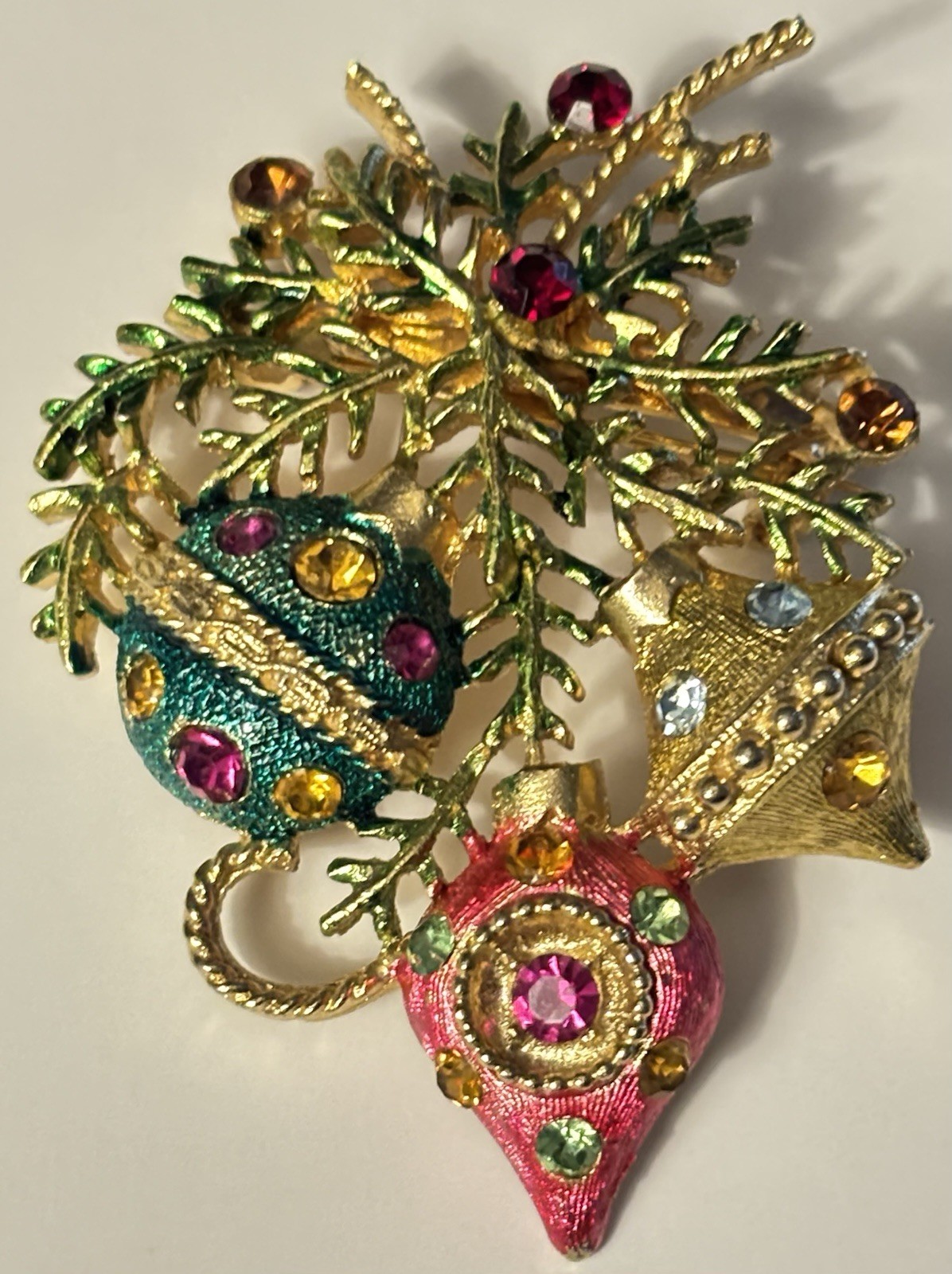 Vintage Christmas Ornament Brooch Rhinestone Enamel Holiday Tree Branch Pin 2”