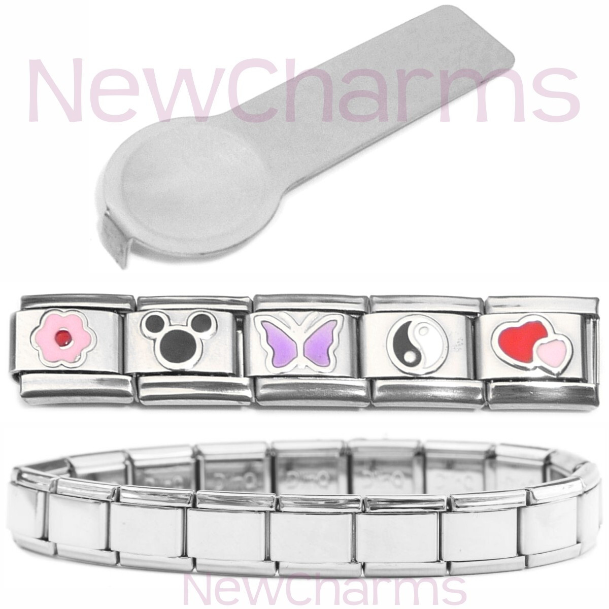 5 Cute Italian Charms & Starter Bracelet & Tool – Flower Hearts Butterfly MIX128