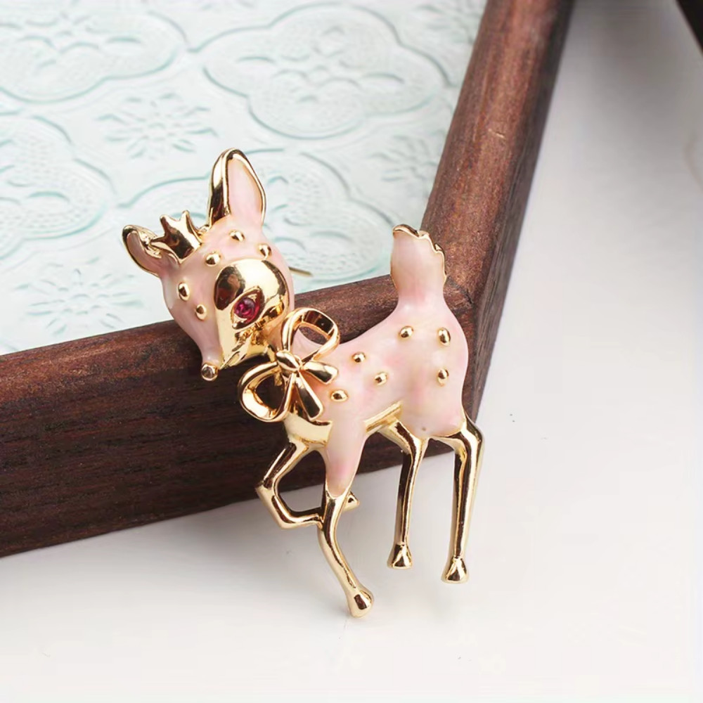 Luxury Pink Reindeer Brooch Pin –Enamel Christmas Holiday Jewelry Gift for Women