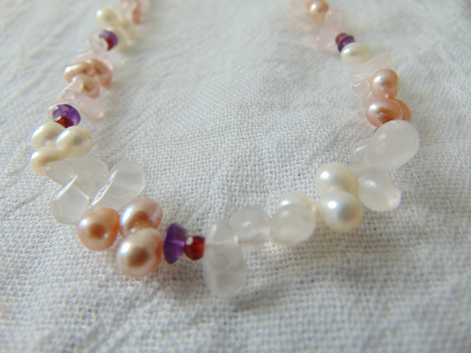 pink white tone freshwater pearls pink quarts Amethyst beads necklace bridal wed