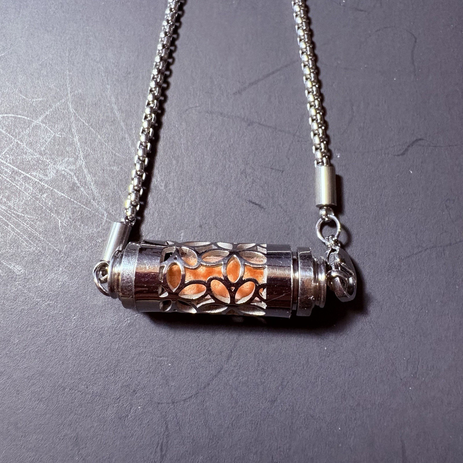 Silver Tone Adjustable Slider Bracelet Cutout Cylinder Orange Stone Accent Boho
