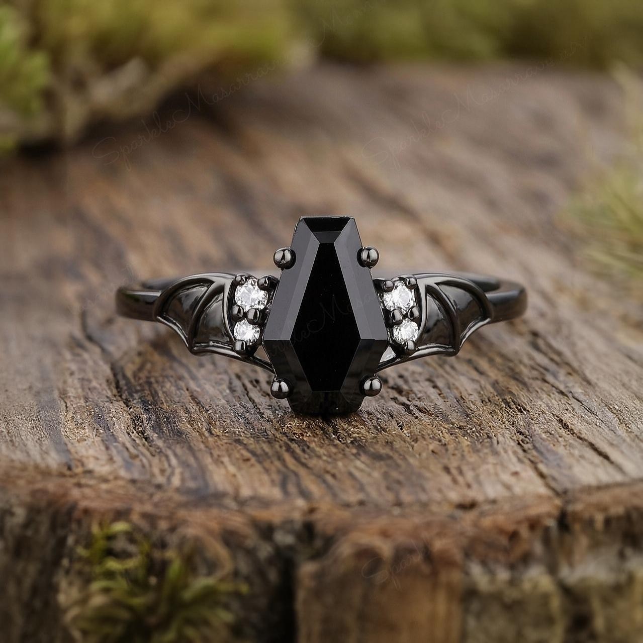 Black Onyx Coffin Cut Gothic Bat Ring 925 Sterling Silver Vintage Engagement