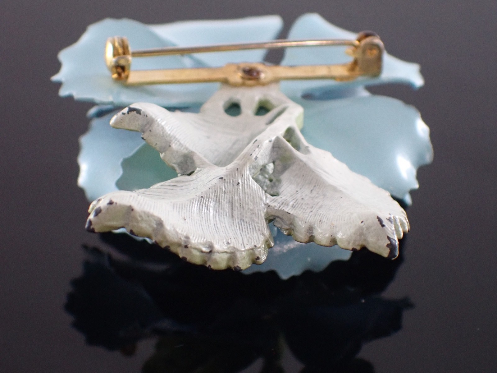 Vintage Blue Enamel Flower Brooch Glass Rhinestone Center Mid Century