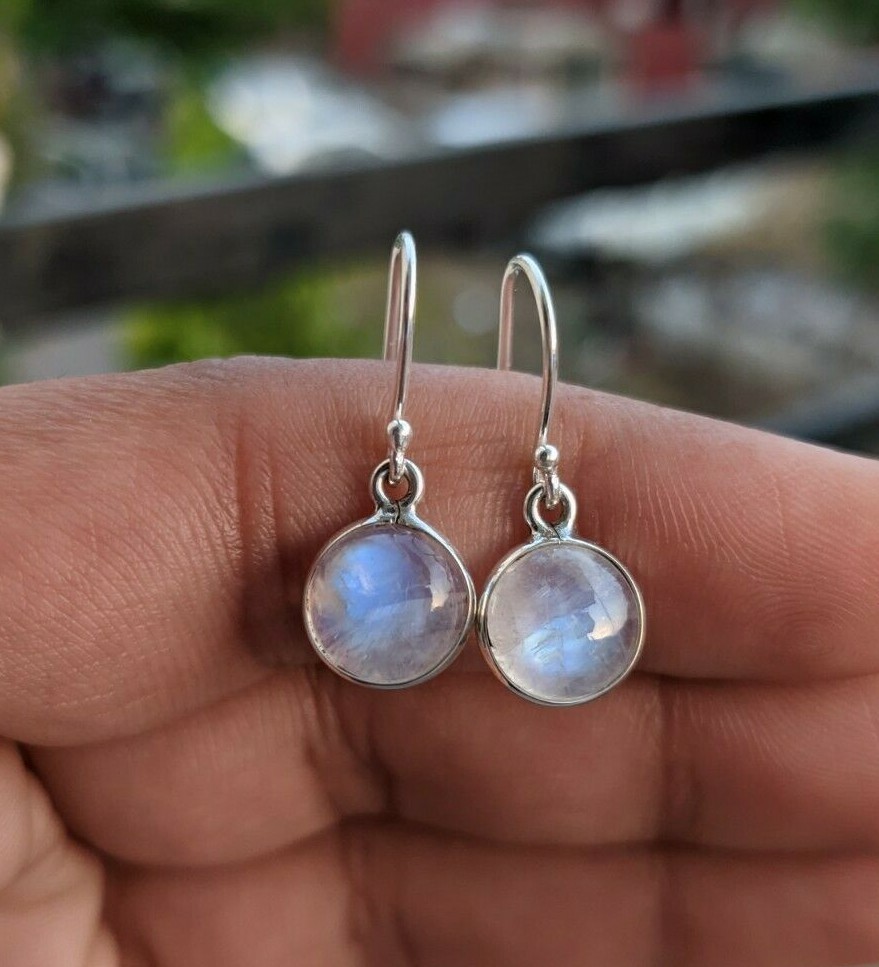 Blue Fire Rainbow Moonstone Round Cabochon 925 Sterling Silver Handmade Earrings