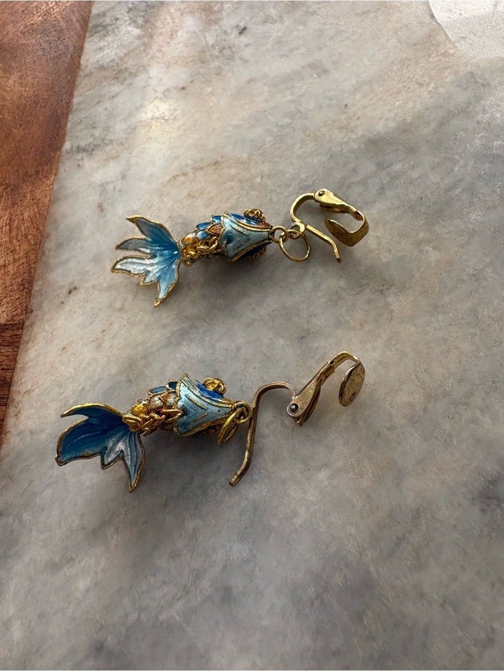 Vintage Blue Enamel Koi Fish Clip-On Earrings – Gold Tone
