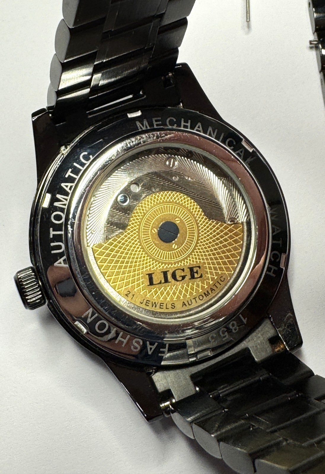 LIGE Automatic Mechanical Skeleton Watch Black Steel Men’s Calendar Kit