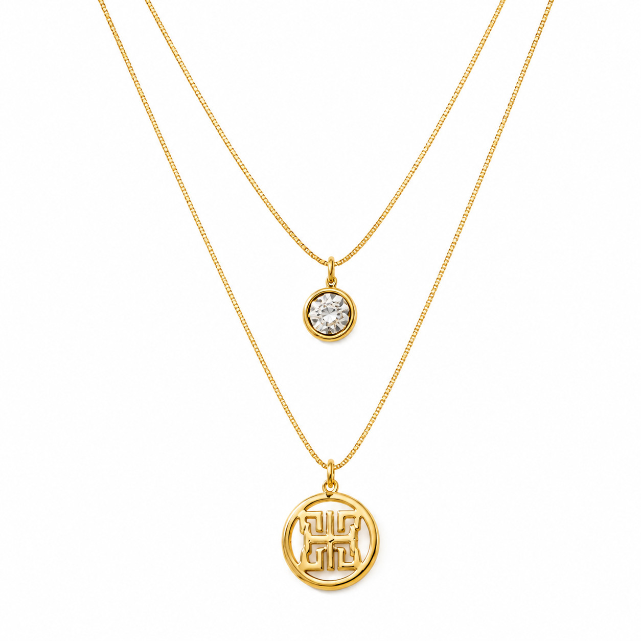Gold Layered Elegant Anti-Tarnish Double Pendant Necklace with Crystal Charm