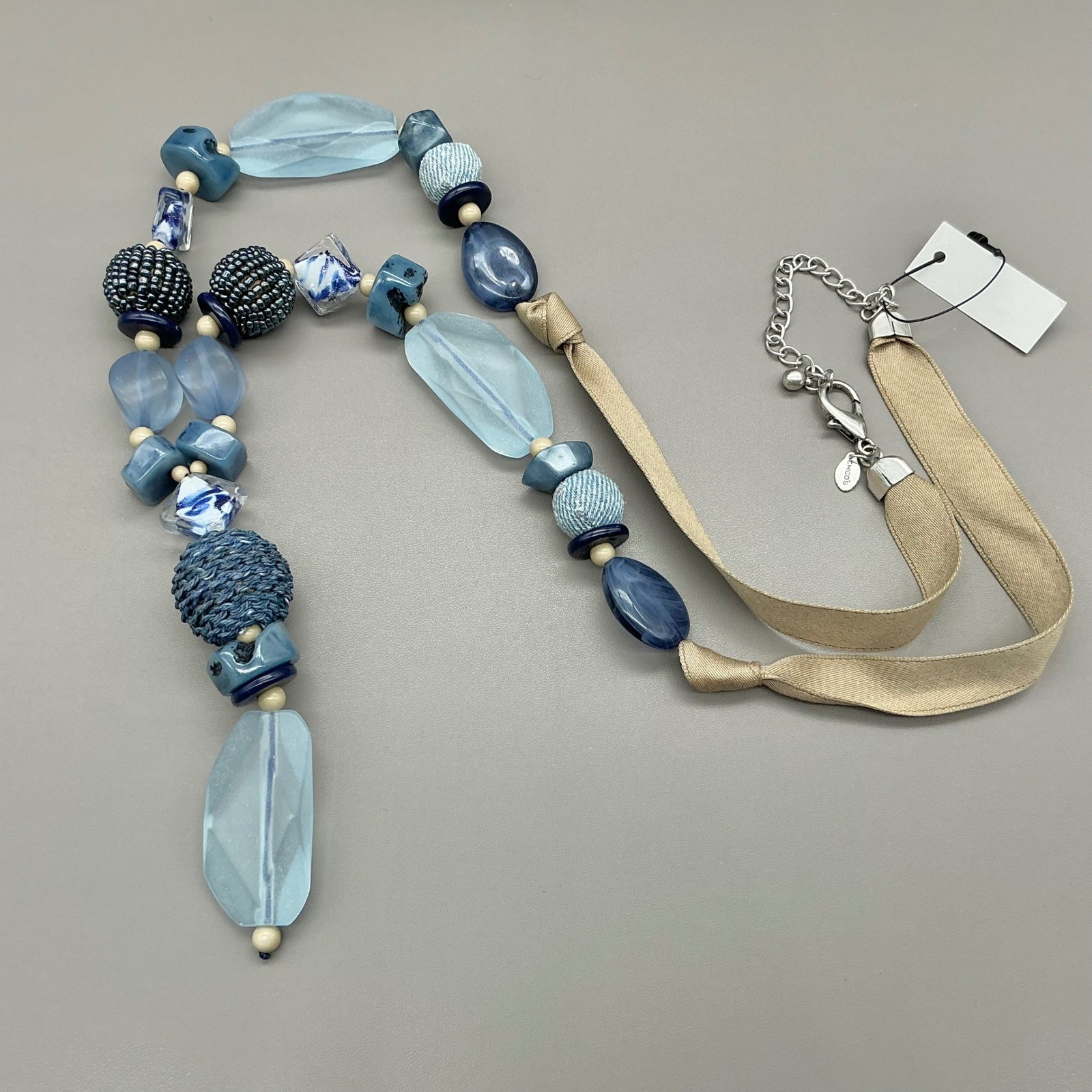 Chico’s Necklace Womens Blue Tone Mixed Bead Ribbon Statement Chunky 24-28 Inch