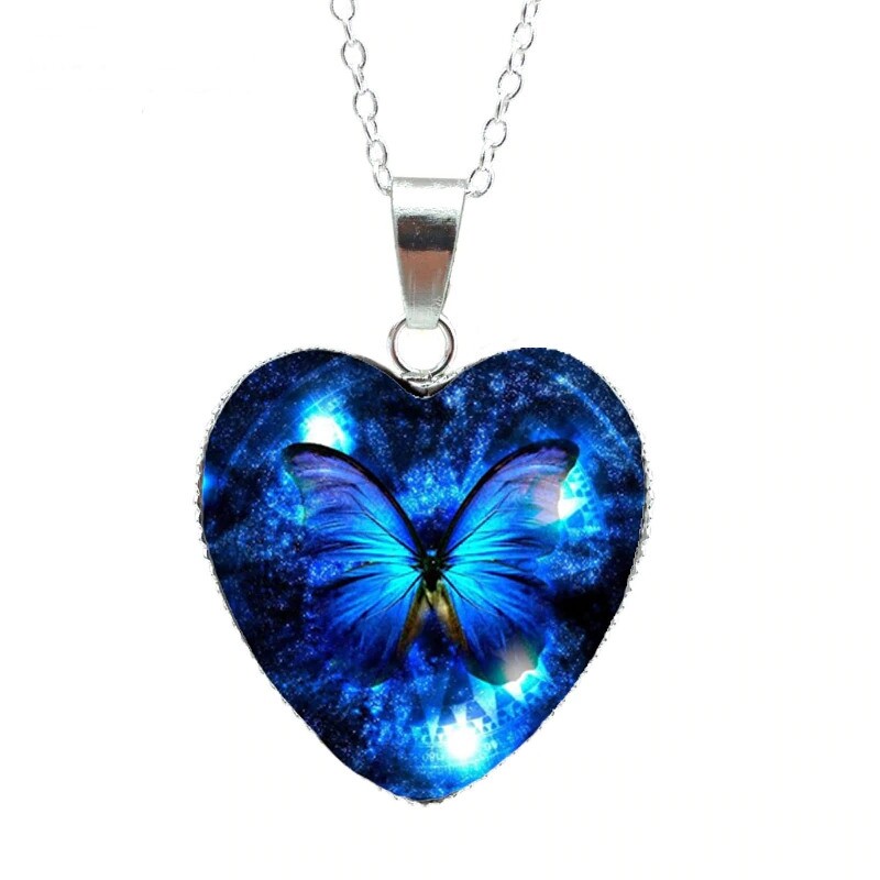 Women’s Heart Pendant Necklace Silver Blue Butterfly Cabochon Gift Party