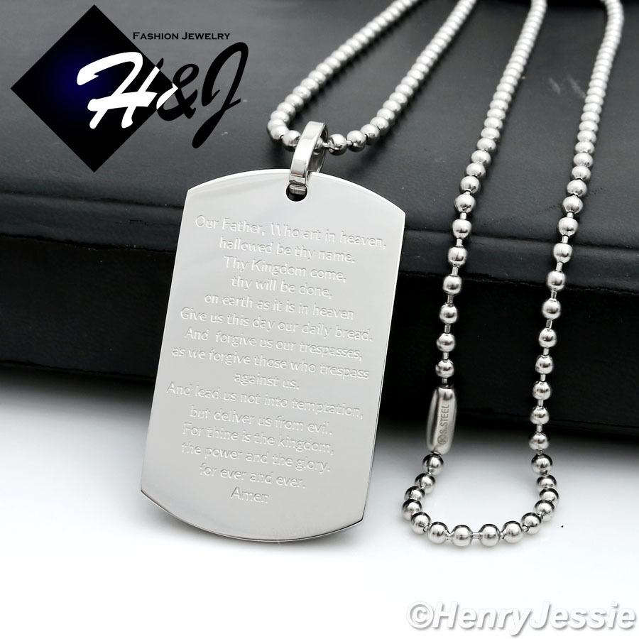 24″MEN Stainless Steel 2.5mm Silver Beads Chain Bible Verse Dog Tag Pendant*P70