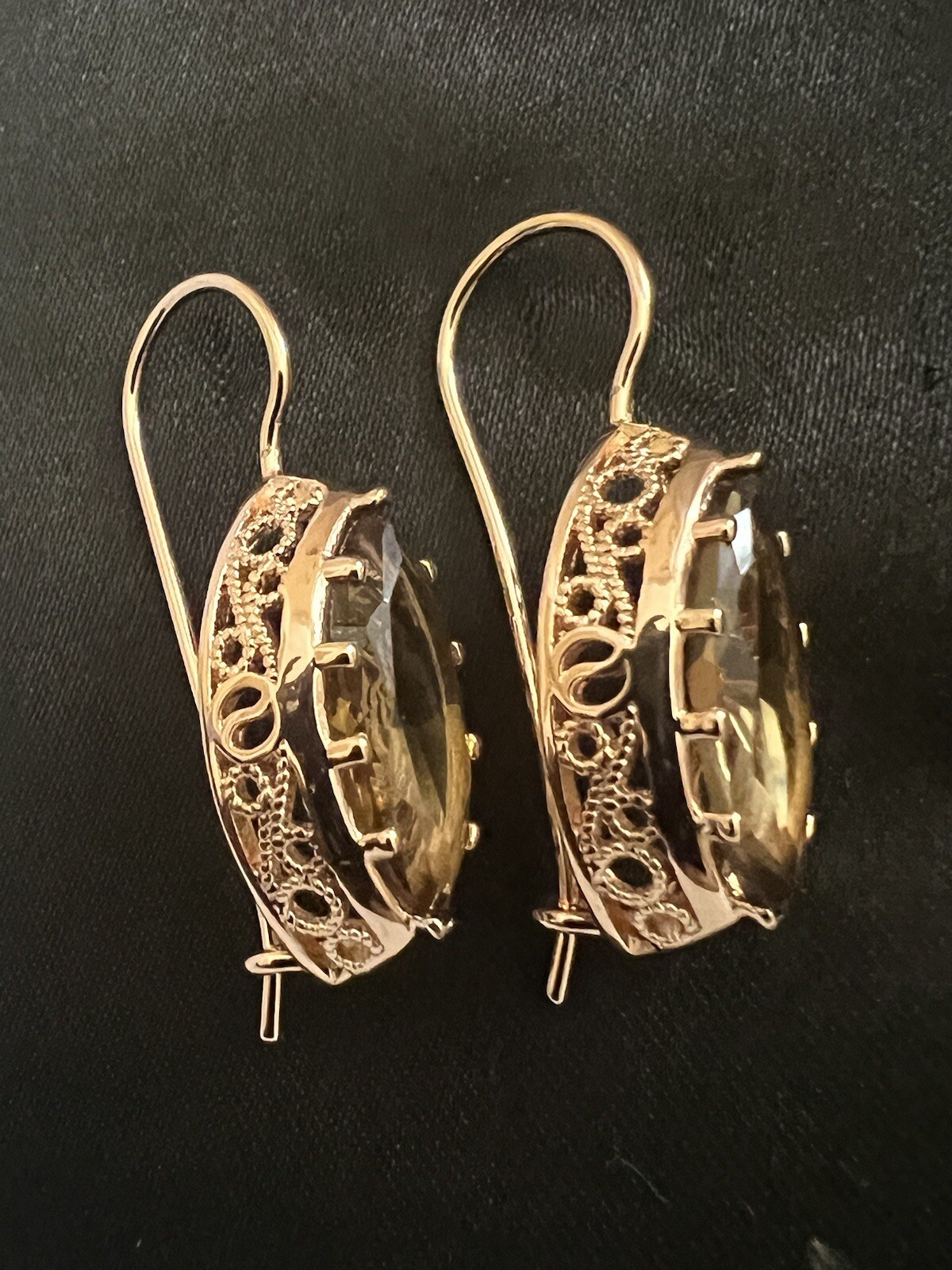 14k Rose Gold Plated Filigree Oval Amber Earrings English Lock