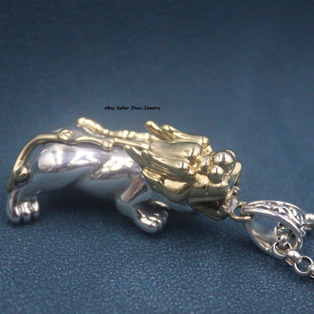 Real S925 Sterling Silver Lucky Coin Two Tone Dragon Pixiu Pendant 43*18mm