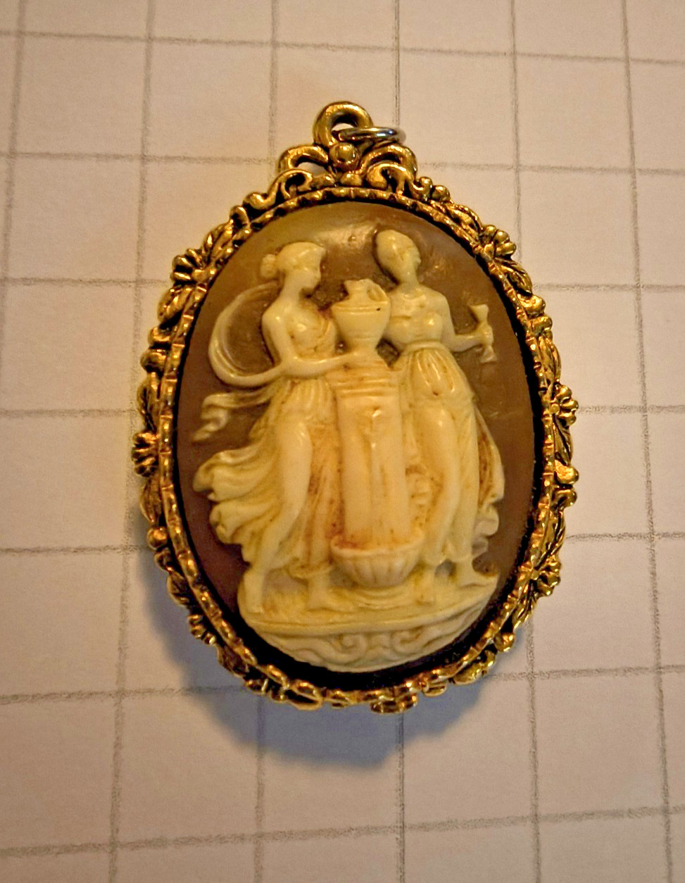 2.25″ Vintage Cameo Perfume Salve pendant Pretty Lady Gold Base Metal Brown