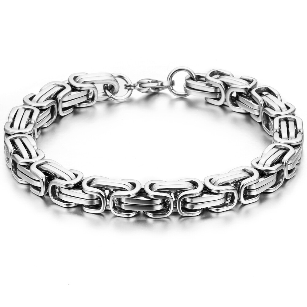 Silver Square Byzantine Polished Stainless Steel Bracelet Mens Boys Chain