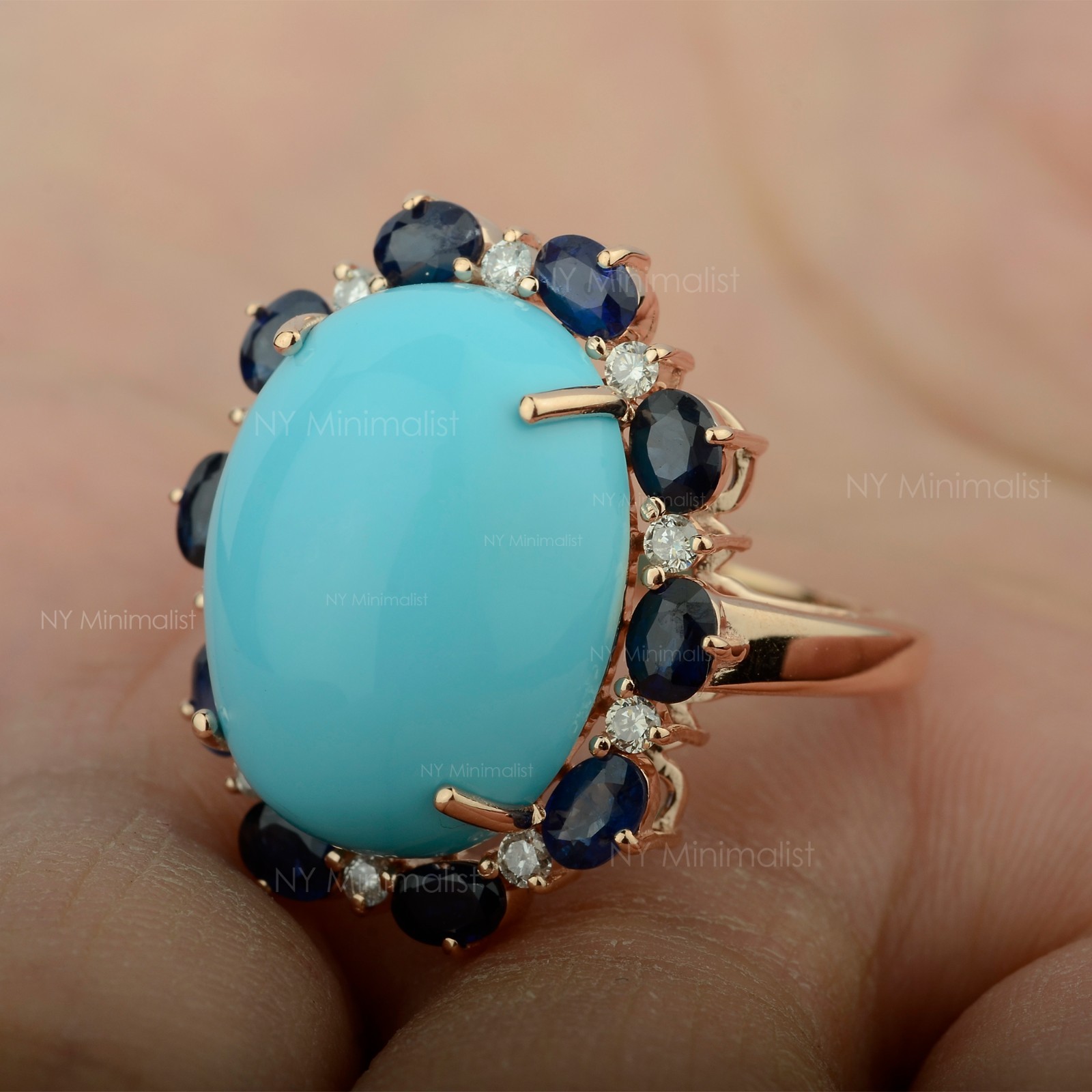 14K Solid Gold Genuine Oval Turquoise Blue Sapphire and Diamond Engagement Ring