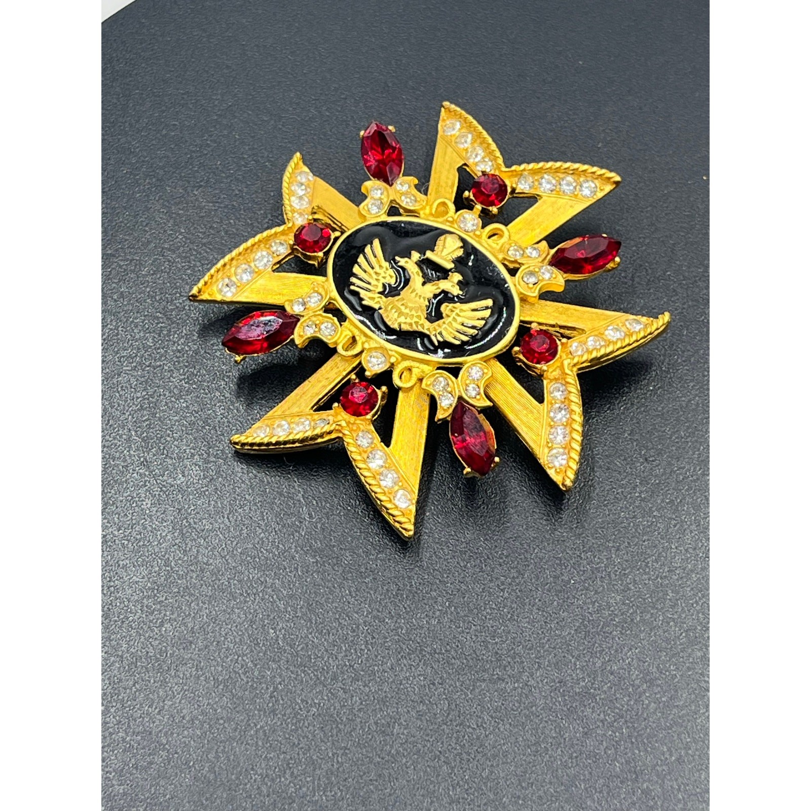 Russian Maltese Cross Red Rhinestone Black Enamel Pearl Crown Eagle Brooch