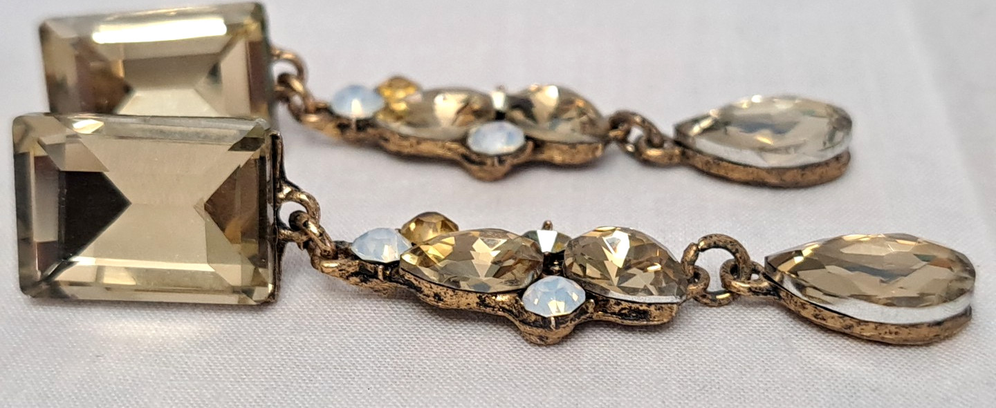 Jim Ball Crystal Gem Rectangle Pear Dangle Drop Earrings Champagne Prom Night
