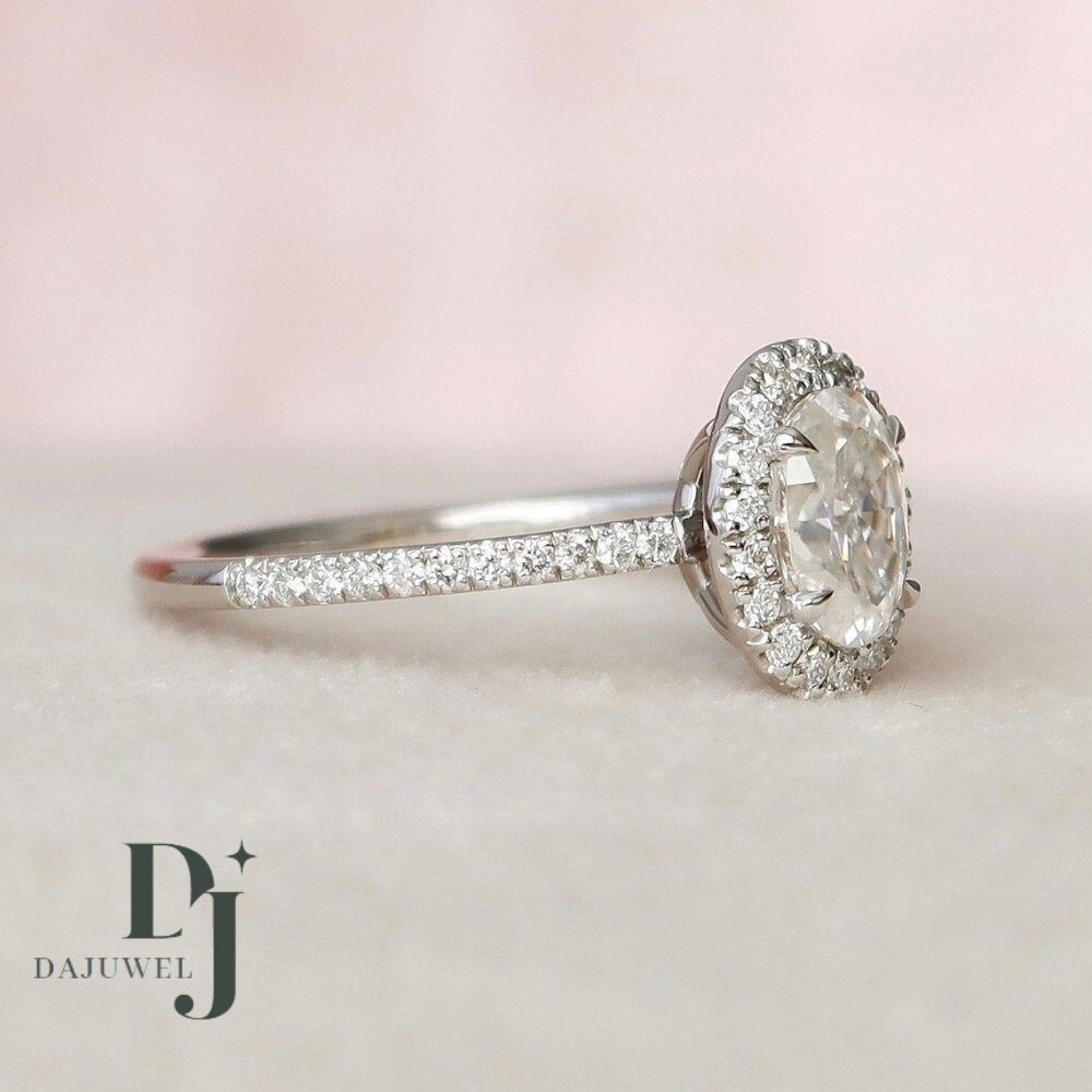 2.30 Carat Oval Cut F/VVS1 Moissanite Halo Engagement Ring Solid 14K White Gold