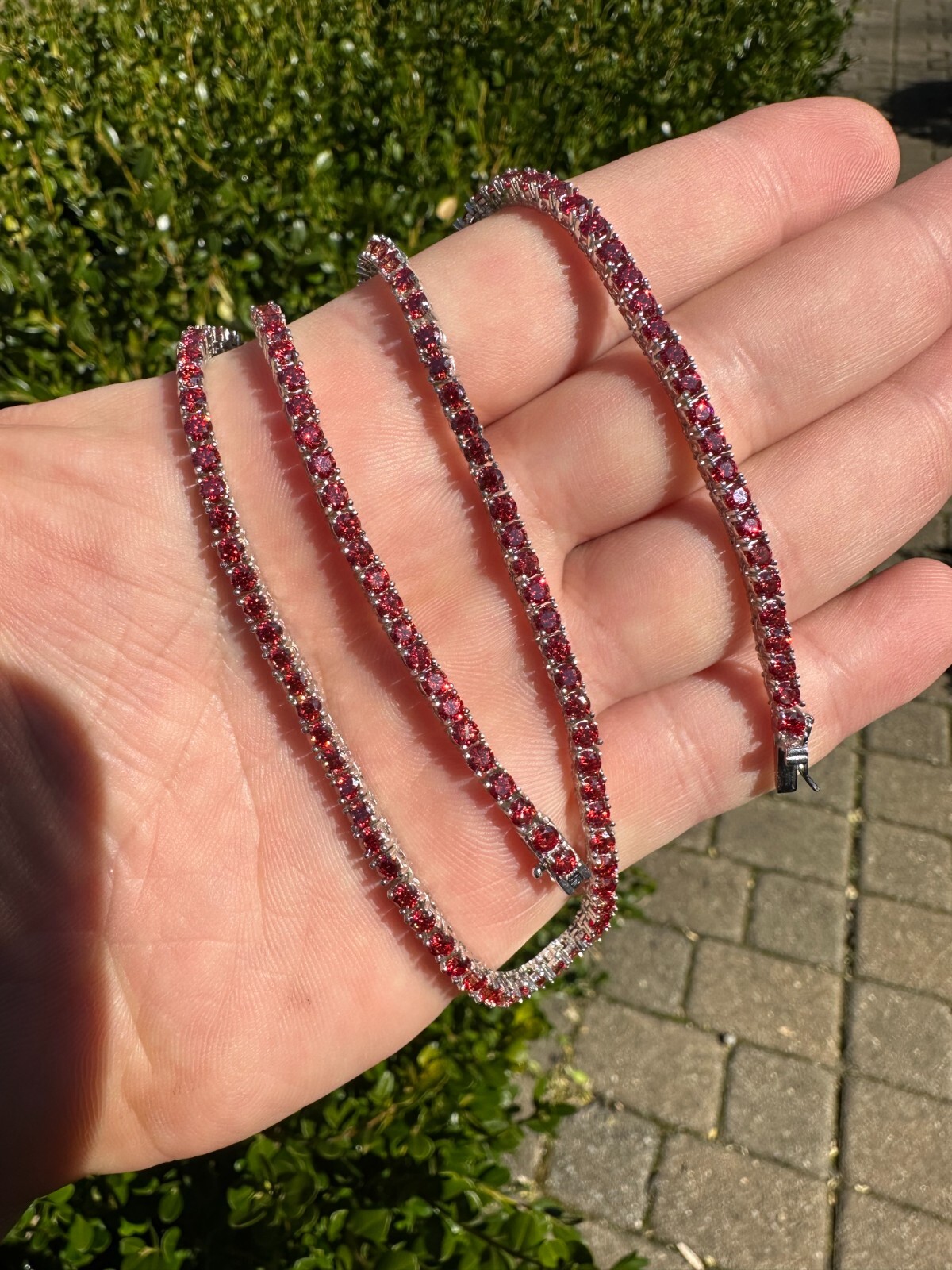 Real Ruby Red MOISSANITE 3mm Tennis Chain 925 Silver Iced Necklace Pass Test